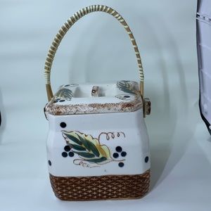 Biscuit jar ceramic, wicker handle, Japan